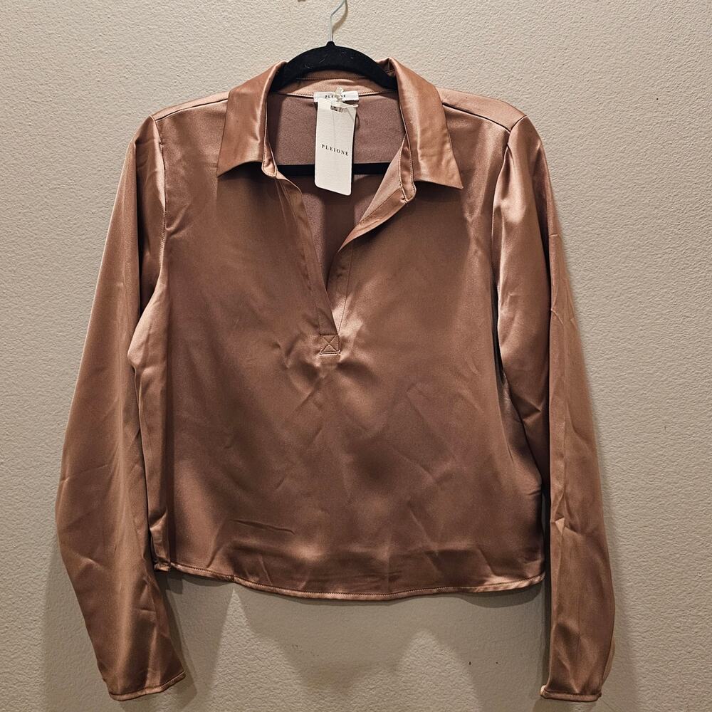 NWT Anthropologie Pleione Brown Satin-Like Long Sleeve Top Size M